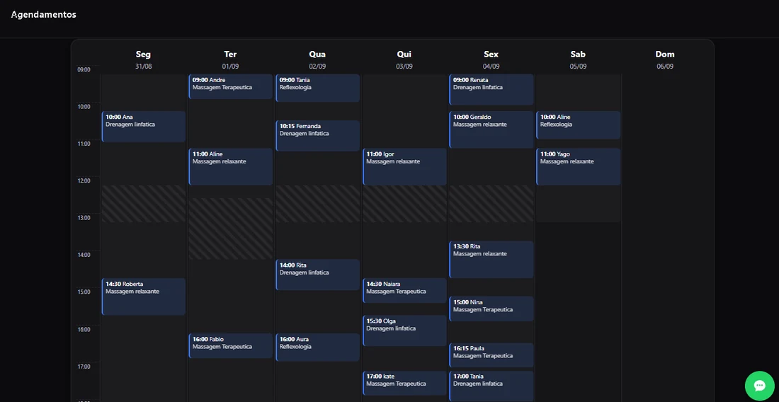 Agenda semanal do ZelusFlow, de segunda a domingo, com os atendimentos marcados no horario e na duracao certa de cada servico, e o horario de almoco bloqueado