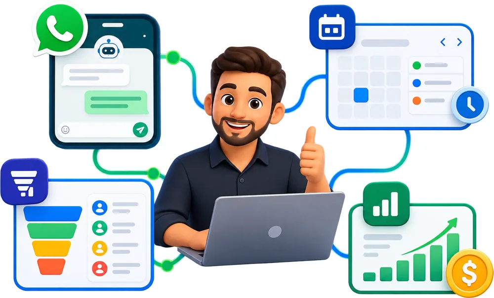 Desenho: o dono do negócio no notebook, ligado ao WhatsApp com robô, à agenda, ao funil de vendas e ao painel financeiro.